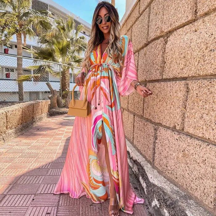 Maxi Dress V-Neck Kimono Sleeve Abstract Print Split - Green
