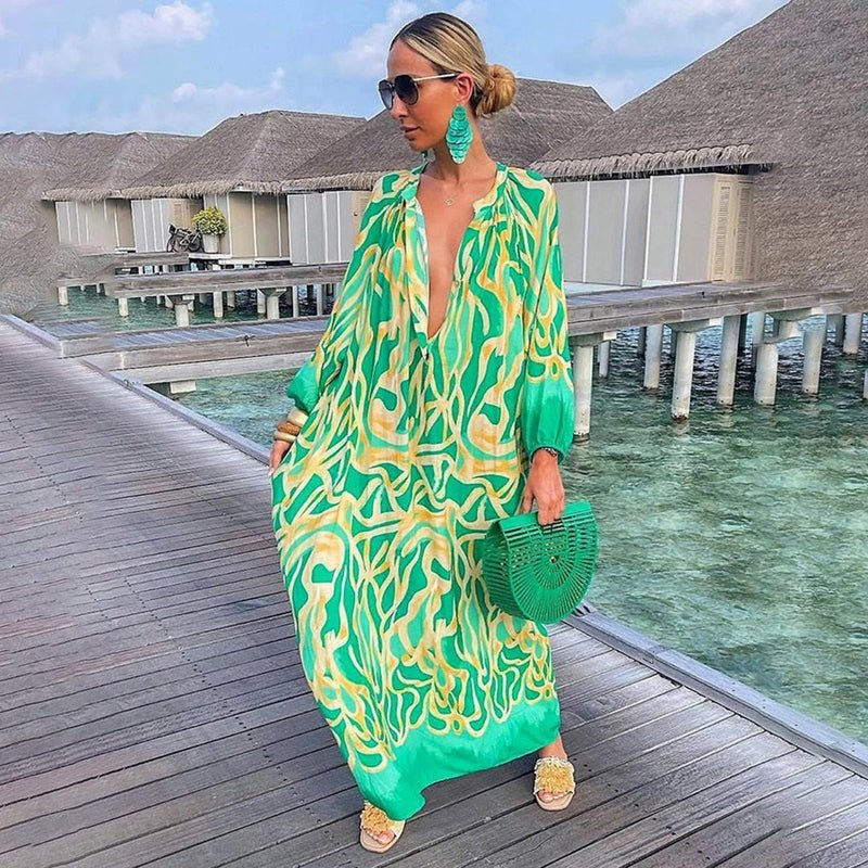 Maxi Kaftan Dress Abstract Print V-Neck Cover Up