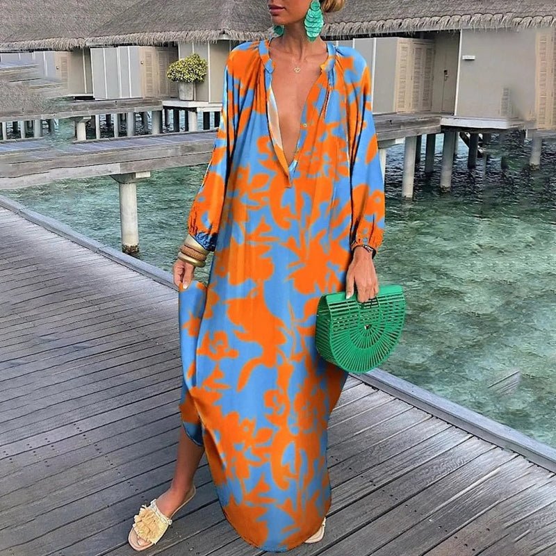 Maxi Kaftan Dress Abstract Print V-Neck Cover Up - Pink