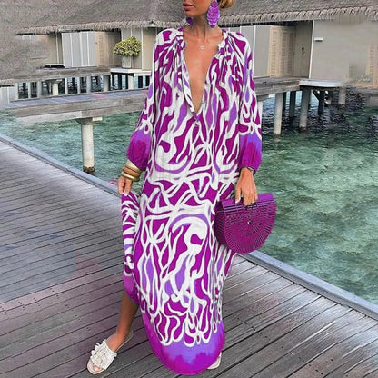 Vestido Maxi Kaftan Estampado Abstracto Escote V