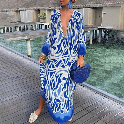 Vestido Maxi Kaftan Estampado Abstracto Escote V