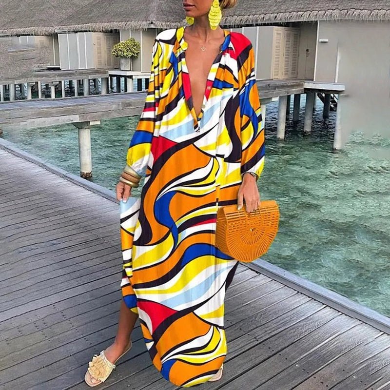 Vestido Maxi Kaftan Estampado Abstracto Escote V