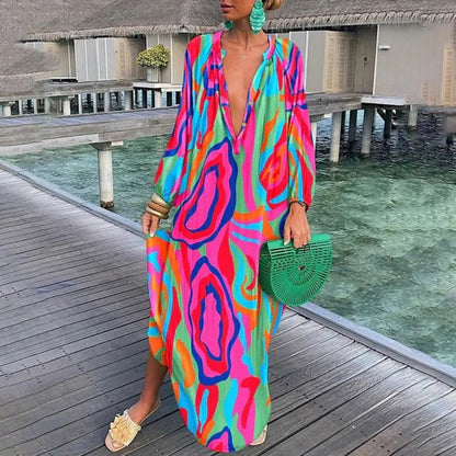 Vestido Maxi Kaftan Estampado Abstracto Escote V