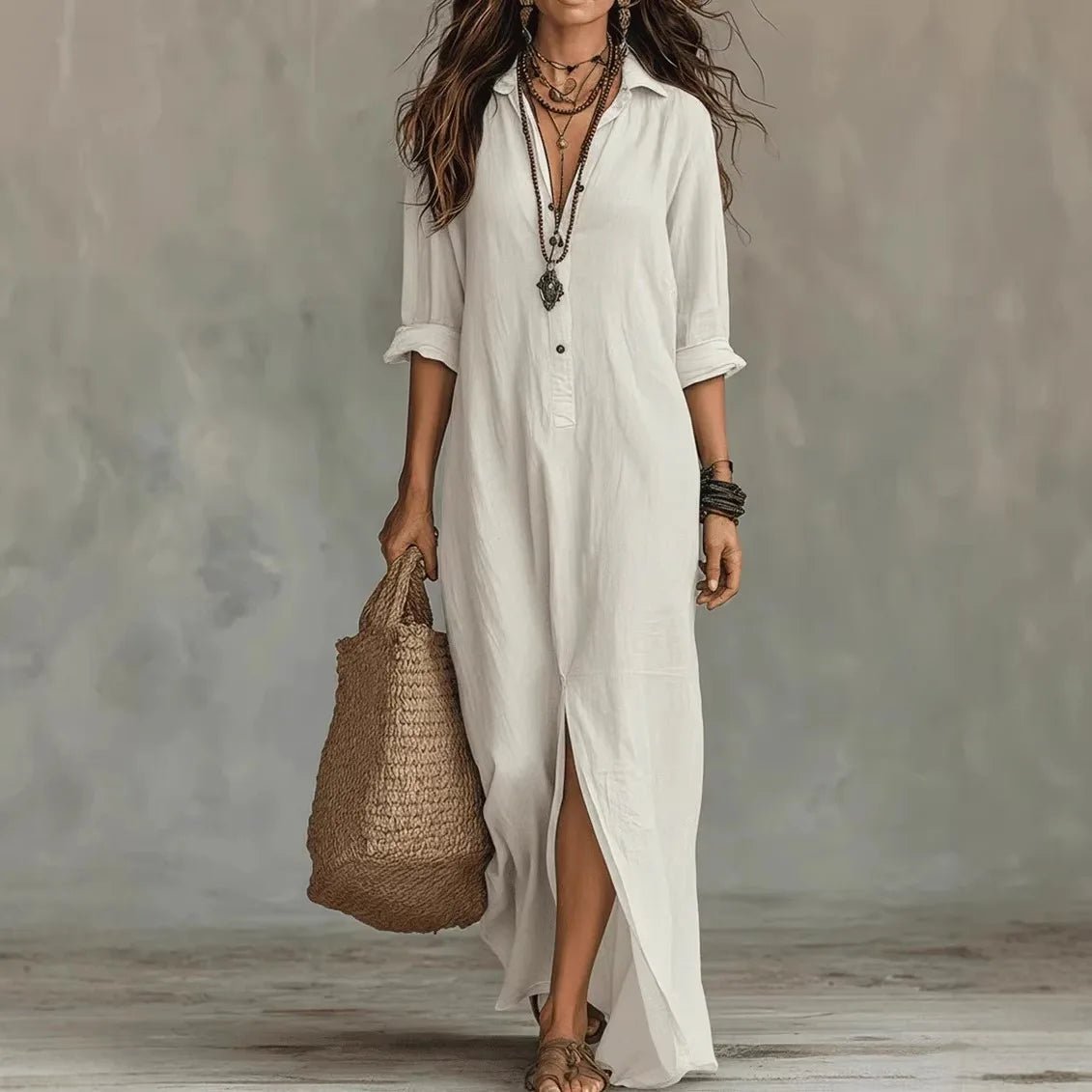 Maxi Shirt Dress Three Quarter Sleeves Linen Cotton Loose - Army Green
