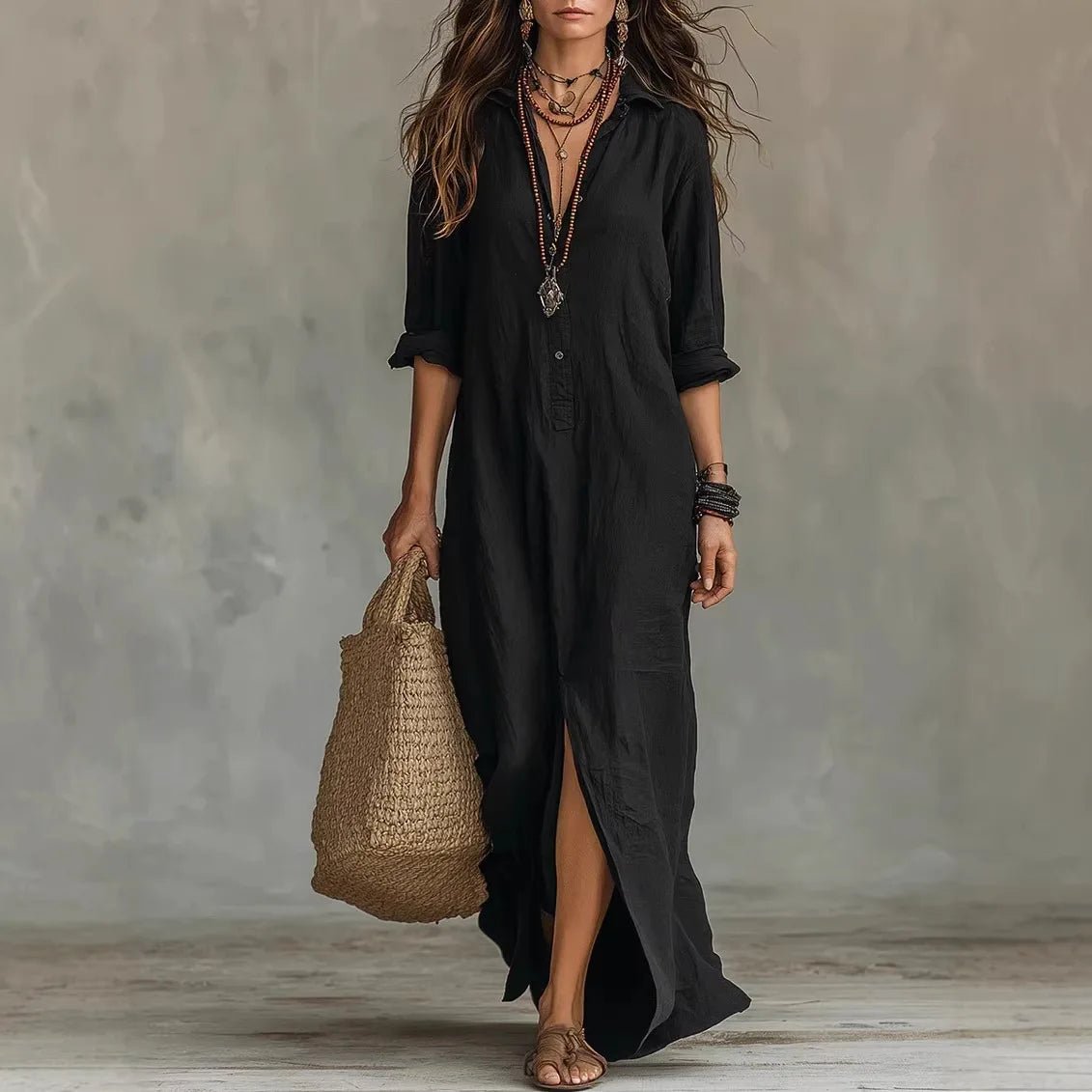 Camisa Vestido Maxi de Lino y Algodón | Manga Tres Cuartos Holgada