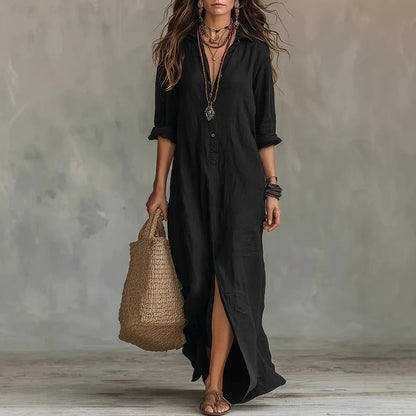 Camisa Vestido Maxi de Lino y Algodón | Manga Tres Cuartos Holgada
