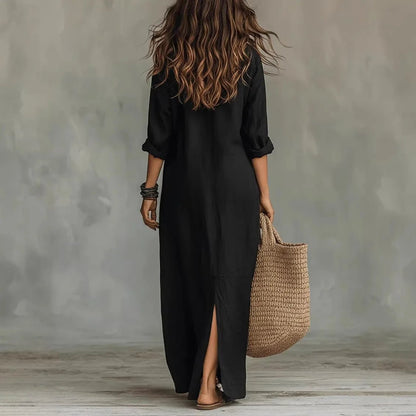 Camisa Vestido Maxi de Lino y Algodón | Manga Tres Cuartos Holgada