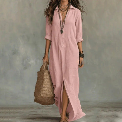 Camisa Vestido Maxi de Lino y Algodón | Manga Tres Cuartos Holgada