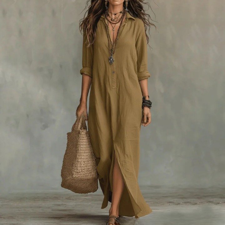 Camisa Vestido Maxi de Lino y Algodón | Manga Tres Cuartos Holgada