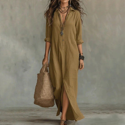 Camisa Vestido Maxi de Lino y Algodón | Manga Tres Cuartos Holgada