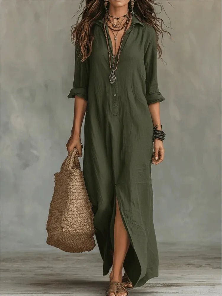 Camisa Vestido Maxi de Lino y Algodón | Manga Tres Cuartos Holgada
