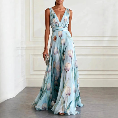 Maxi Wrap Dress Deep V-Neck Chiffon Sleeveless Floor Length - Green