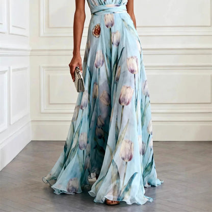 Vestido Maxi Cruzado de Gasa con Escote en V | Sin Mangas Largo de Suelo