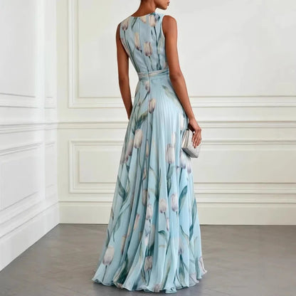 Vestido Maxi Cruzado de Gasa con Escote en V | Sin Mangas Largo de Suelo