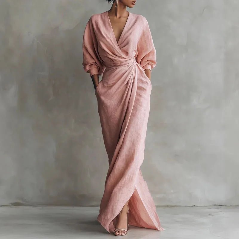 Maxi Wrap Dress Deep V-Neck Long Sleeve Bodycon
