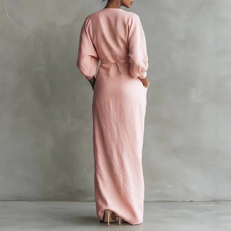 Vestido Maxi Cruzado con Deep Escote en V y Manga Larga | Bodycon