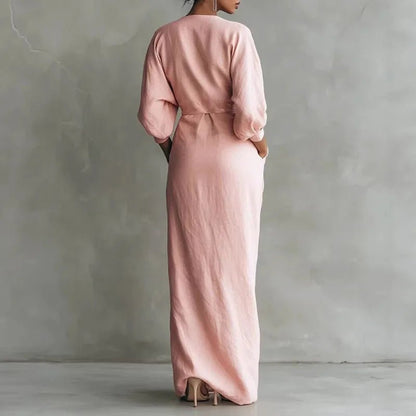 Vestido Maxi Cruzado con Deep Escote en V y Manga Larga | Bodycon