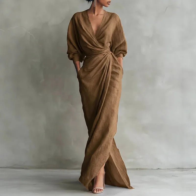 Vestido Maxi Cruzado con Deep Escote en V y Manga Larga | Bodycon