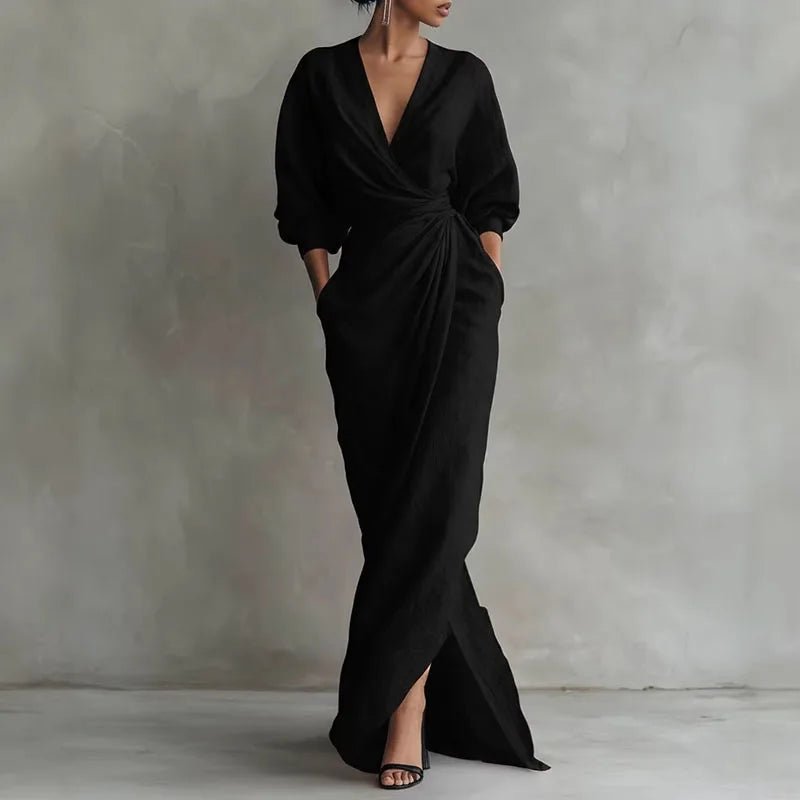 Vestido Maxi Cruzado con Deep Escote en V y Manga Larga | Bodycon