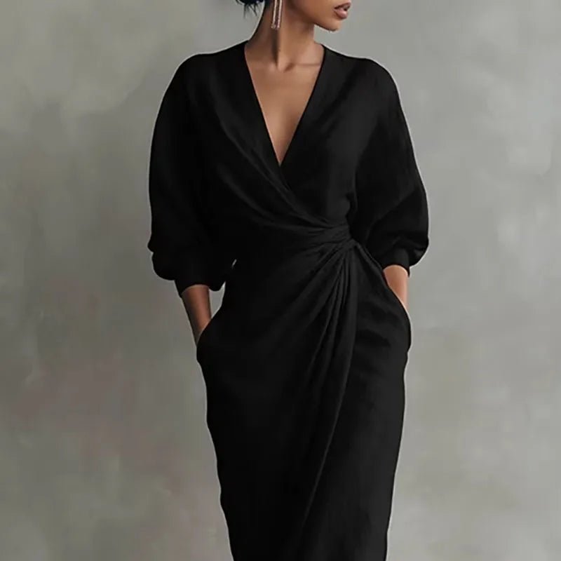 Vestido Maxi Cruzado con Deep Escote en V y Manga Larga | Bodycon