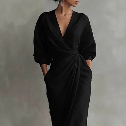 Vestido Maxi Cruzado con Deep Escote en V y Manga Larga | Bodycon