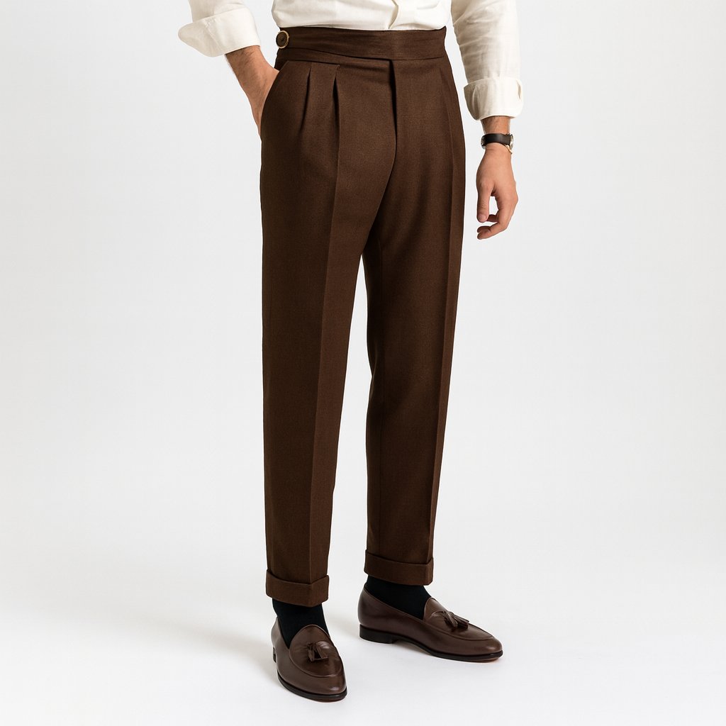 Pantalón de hombre de talle alto con pliegues y cordón de ajuste