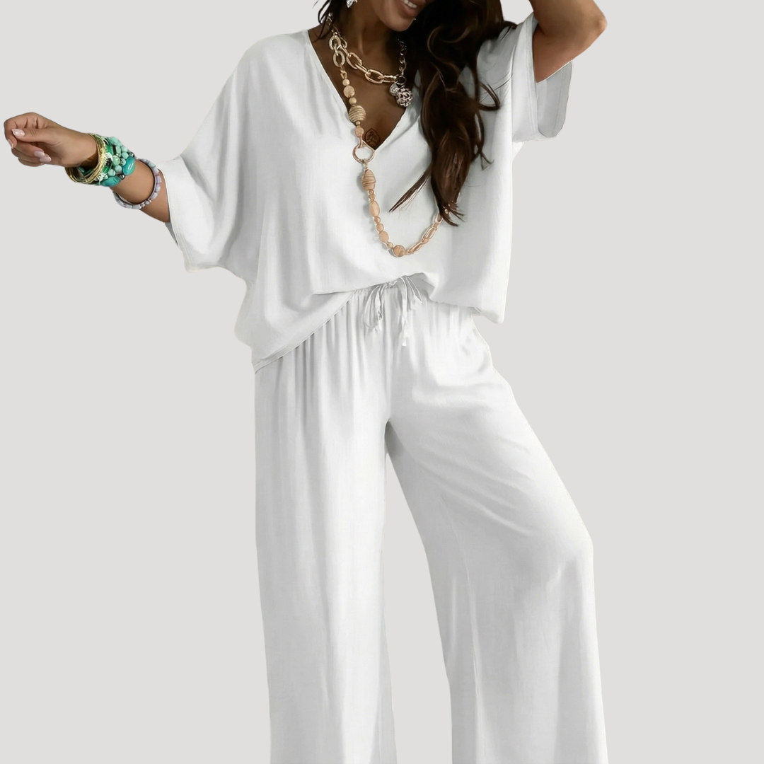 Meredith | Women's V Neck Wide Leg Two Piece Set - White - Image 5