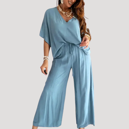 Meredith | Women's V Neck Wide Leg Two Piece Set - White - Image 6