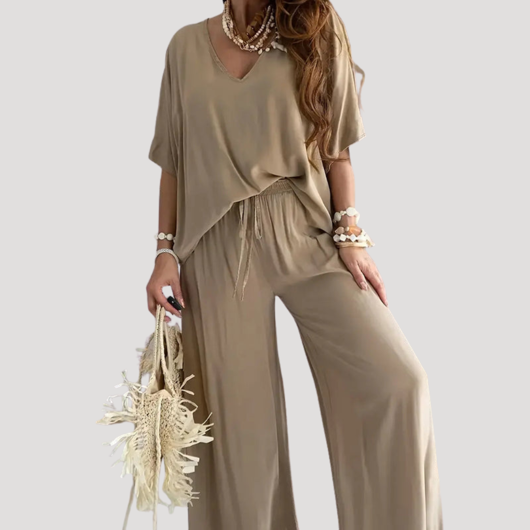 Conjunto de pernera ancha con cuello V para mujer