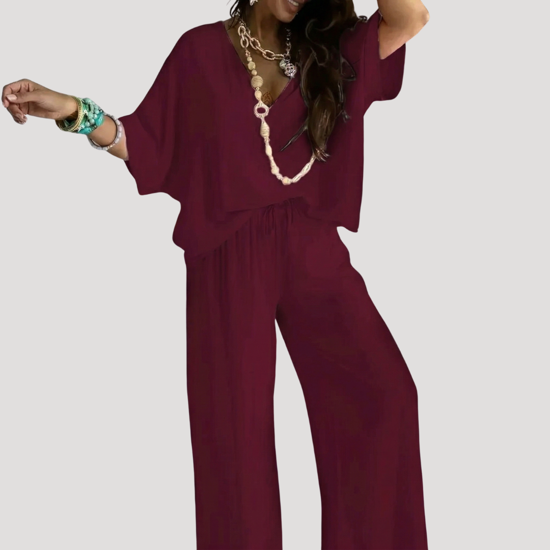 Conjunto de pernera ancha con cuello V para mujer