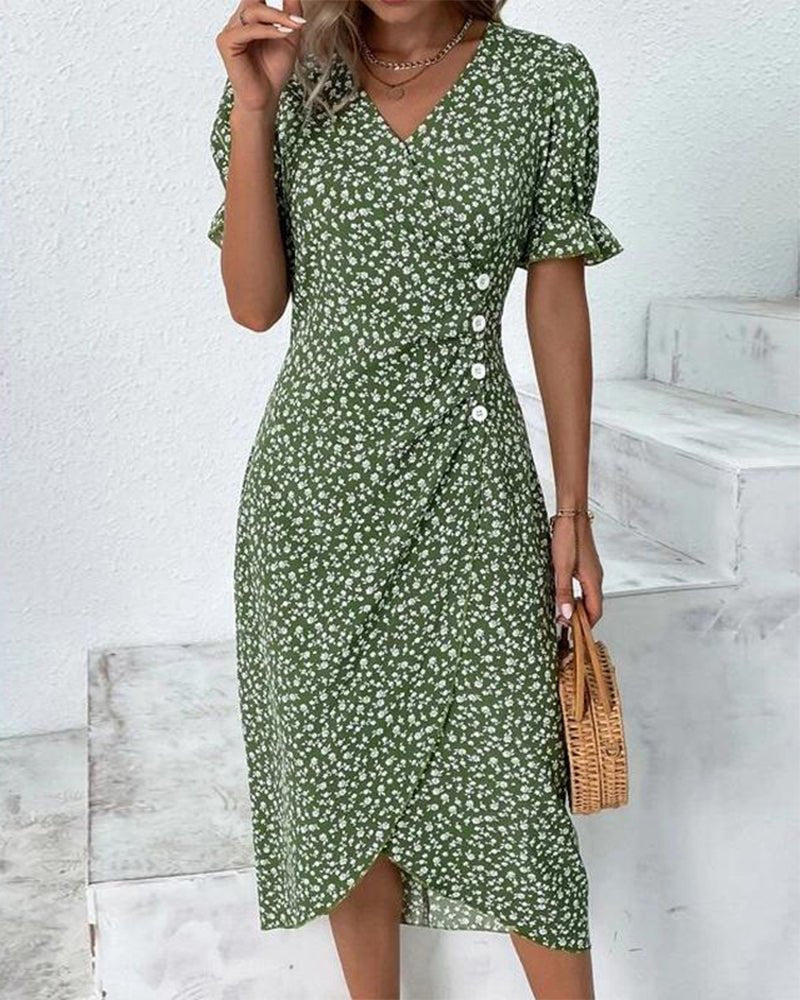 Midi Wrap Dress V-Neck Floral Print Button Side