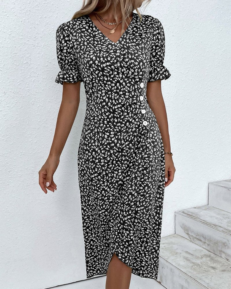 Vestido Midi Envolvente Cuello V floreado Botones