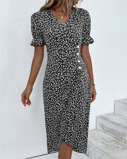 Vestido Midi Envolvente Cuello V floreado Botones