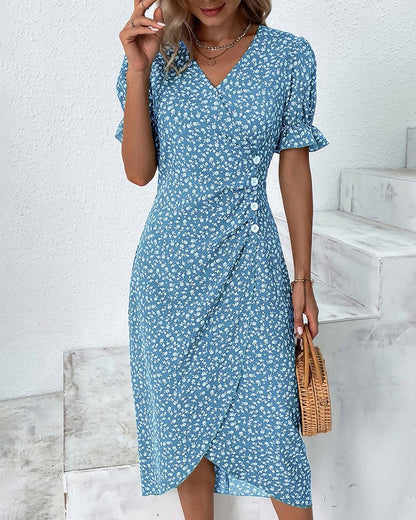 Midi Wrap Dress V-Neck Floral Print Button Side