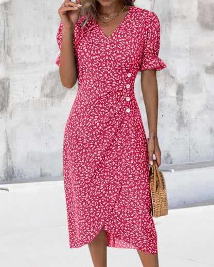Vestido Midi Envolvente Cuello V floreado Botones