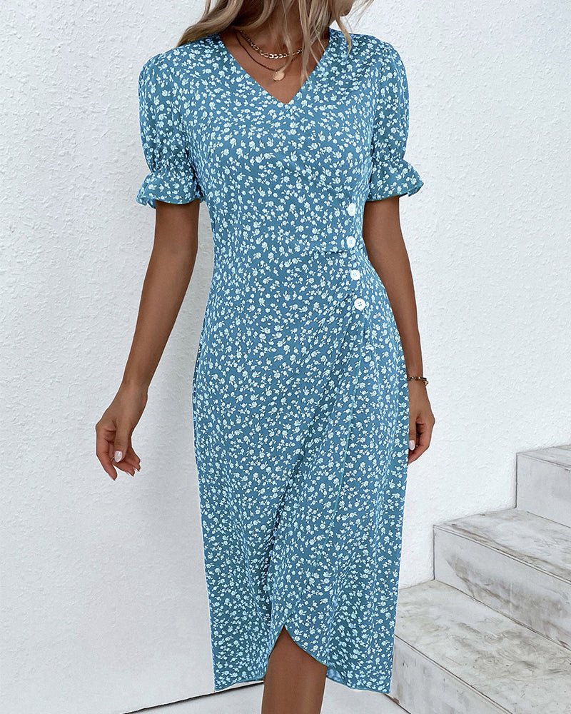 Vestido Midi Envolvente Cuello V floreado Botones