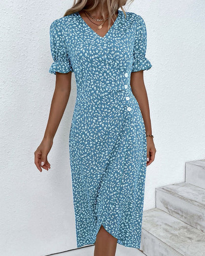 Vestido Midi Envolvente Cuello V floreado Botones
