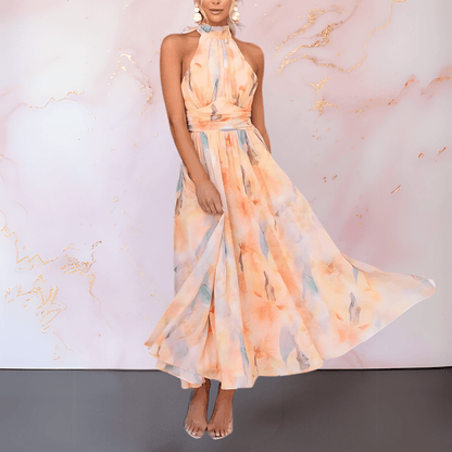 Vestido entallado con estampado acuarela y cuello halter para mujer, ligero y elegante para verano o evento