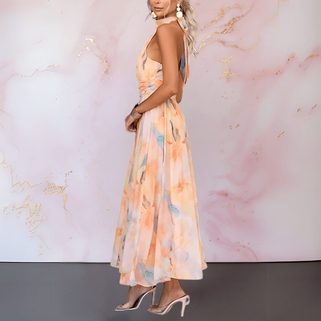 Vestido entallado con estampado acuarela y cuello halter para mujer, ligero y elegante para verano o evento