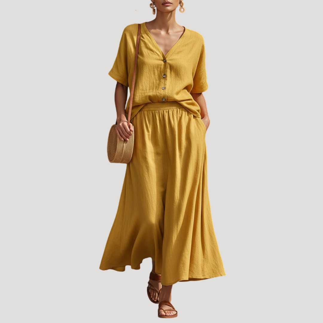 Natasha | Women's Button Front Midi Skirt Set - Yellow - Image 5