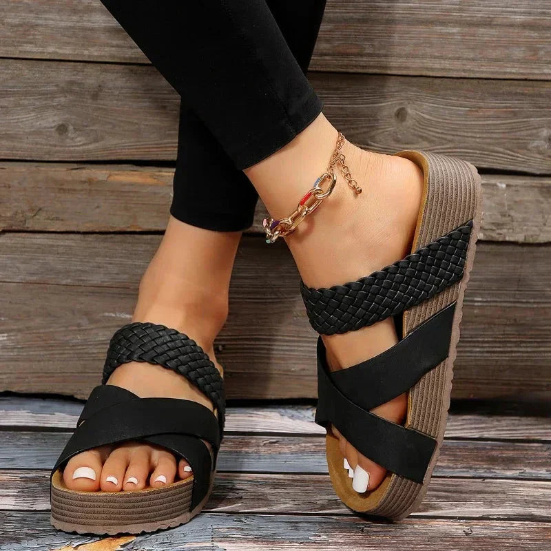 Sandalias ortopédicas de cuero con tiras trenzadas y suela ergonómica para mujer, cómodas y elegantes para verano o uso diario