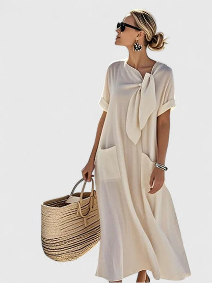 Vestido maxi elegante con escote en V, manga corta y falda fluida para mujer, ligero y versátil para verano o vacaciones
