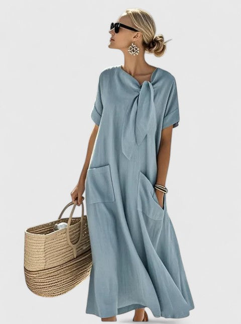 Vestido maxi elegante con escote en V, manga corta y falda fluida para mujer, ligero y versátil para verano o vacaciones