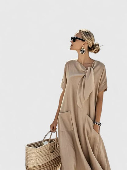 Vestido maxi elegante con escote en V, manga corta y falda fluida para mujer, ligero y versátil para verano o vacaciones