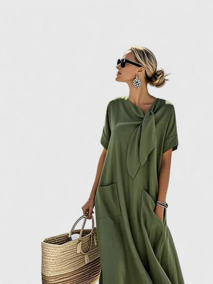 Vestido maxi elegante con escote en V, manga corta y falda fluida para mujer, ligero y versátil para verano o vacaciones