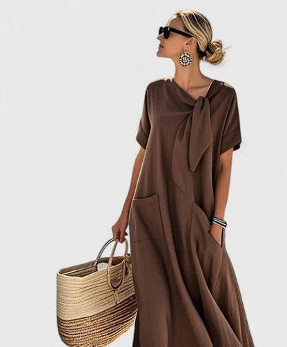 Vestido maxi elegante con escote en V, manga corta y falda fluida para mujer, ligero y versátil para verano o vacaciones