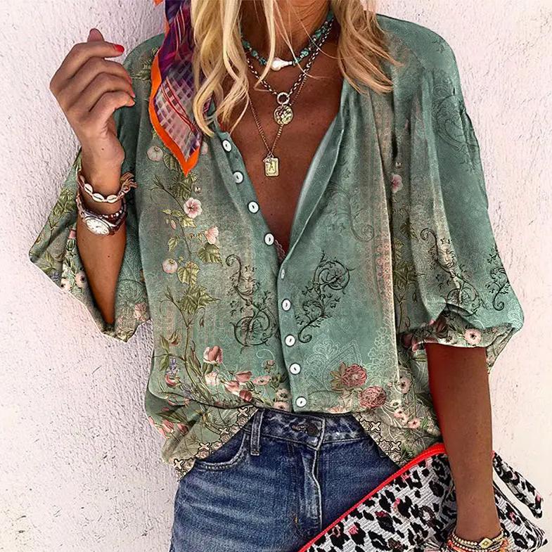 Octavia | Women's Floral Button Up 3/4 Sleeve Blouse - Green - Image 5