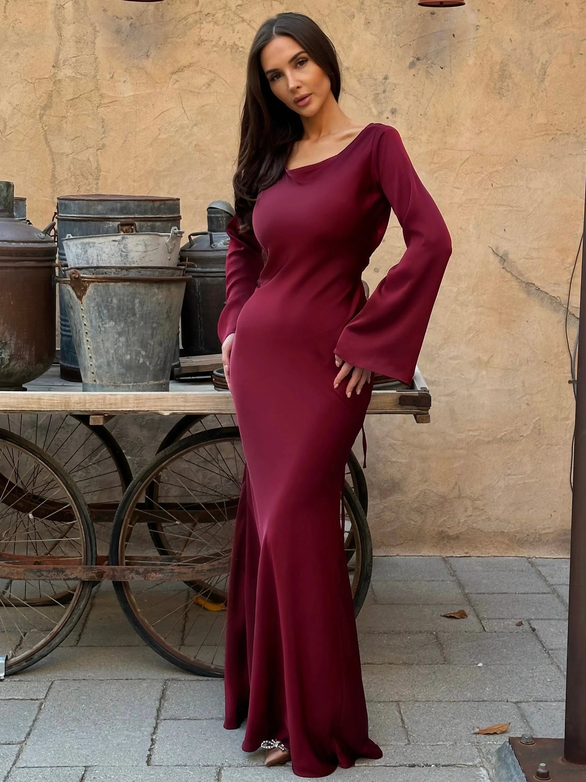 Ophelia | Women's Long Sleeve Fitted Maxi Dress - White - Image 21