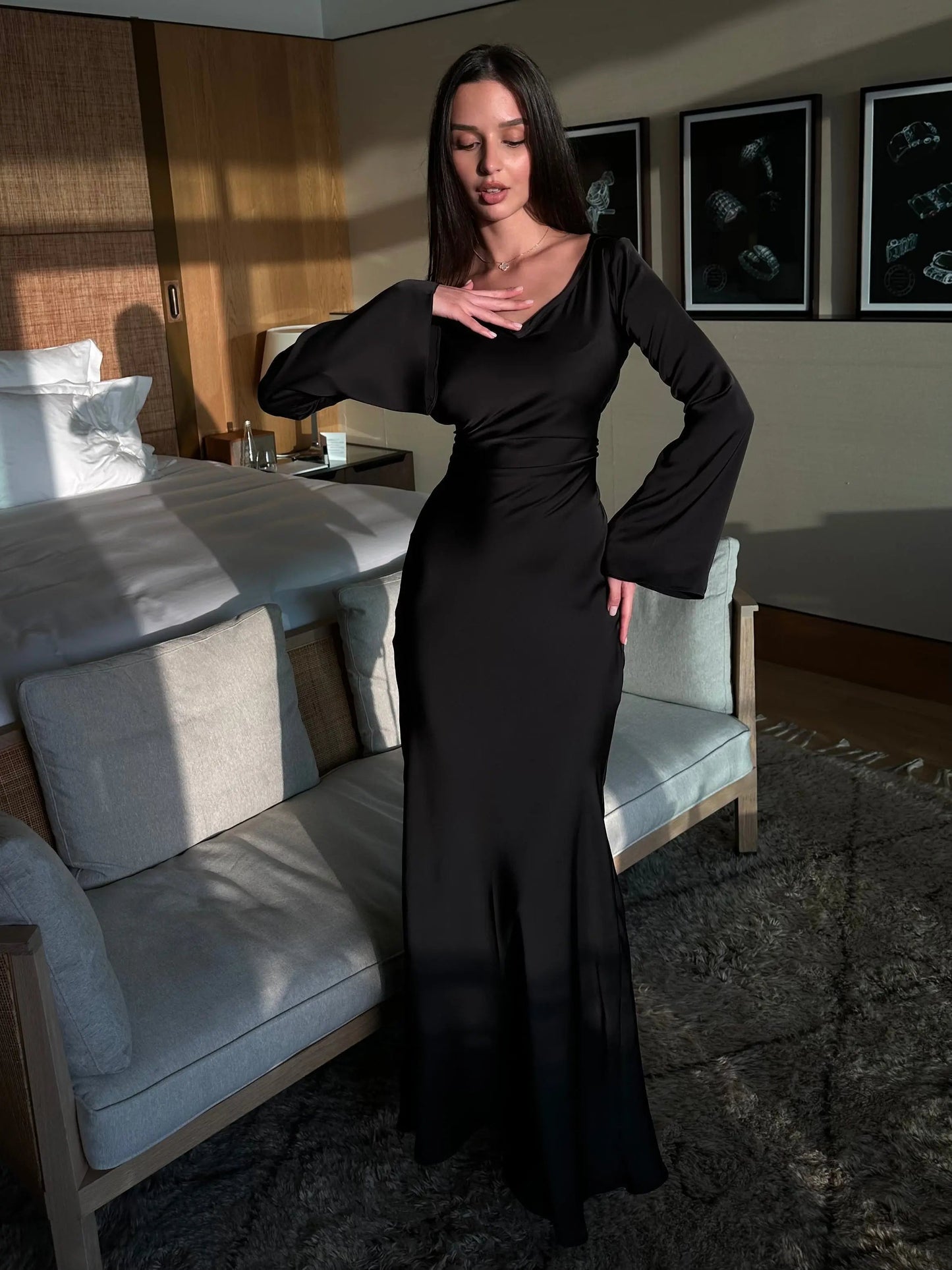 Vestido maxi ajustado con manga larga para mujer - Elegancia veraniega