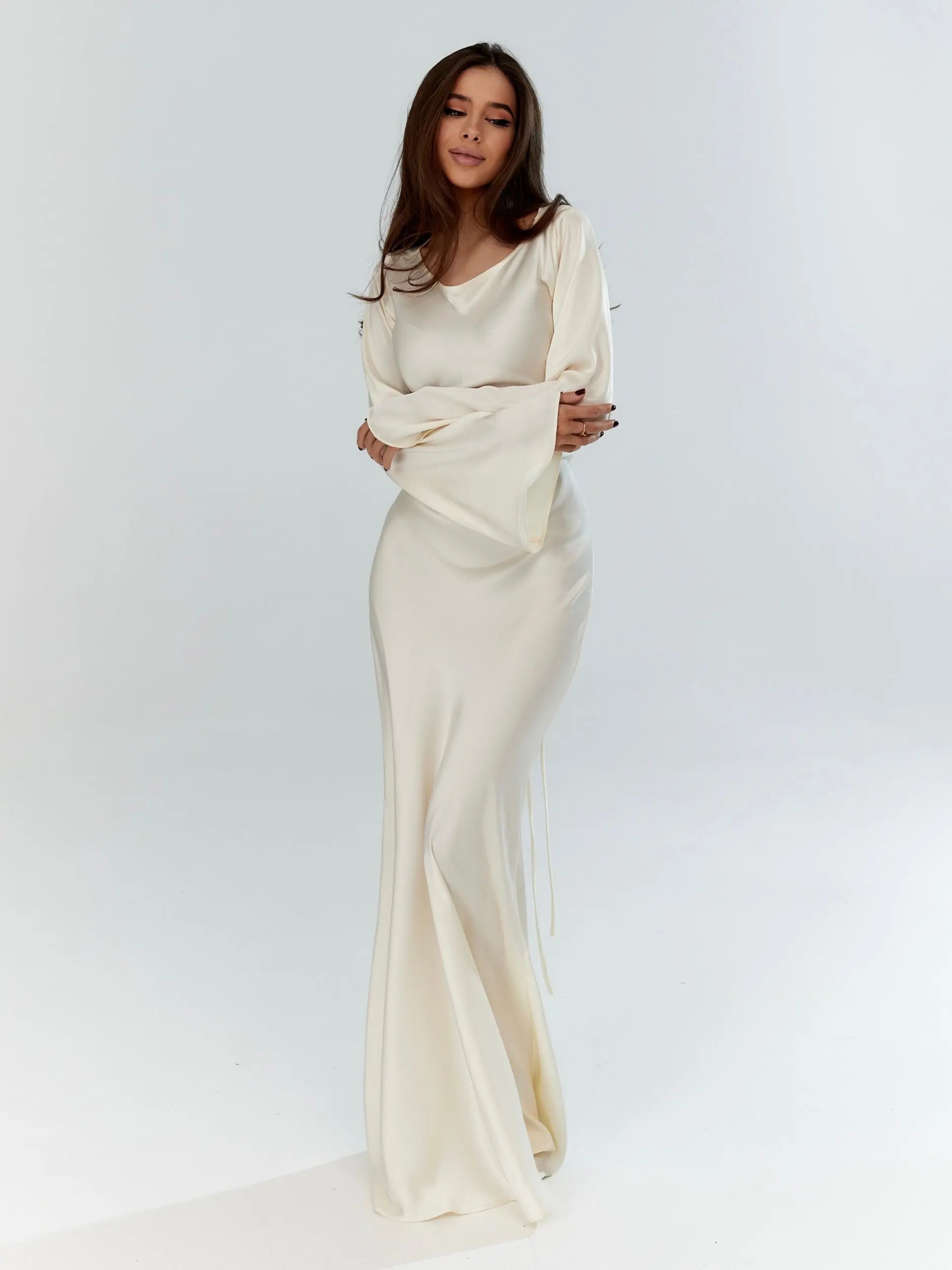 Ophelia | Women's Long Sleeve Fitted Maxi Dress - White - Image 7